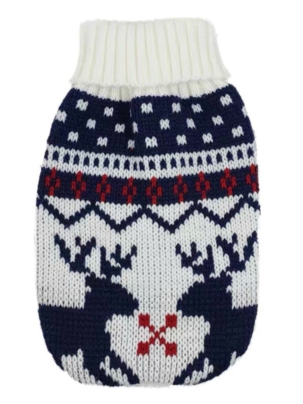 Cozy Knit Reindeer Dog Sweater - White & Navy with Red Accents